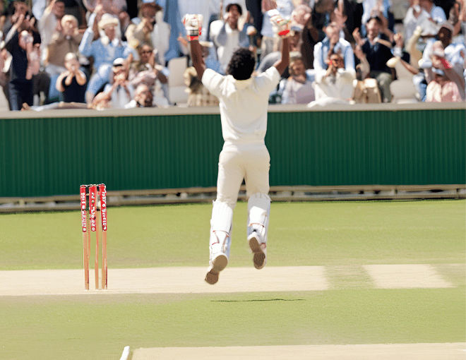 The back view shows a person jumping up, fists pumping in the air, passionately cheering for their team during the cricket game.