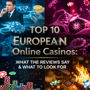 A vibrant, dynamic collage illustrating the concept of "Top 10 European Online Casinos," featuring a bold title and elements representing reviews and key features.