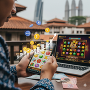 A person in a Malaysian cafe is shown playing an online slot game on their mobile phone.