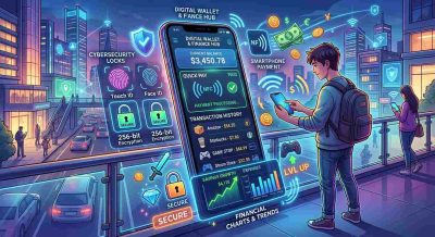 A modern digital finance illustration showing smartphone payments, digital wallet, transaction history, financial charts, cybersecurity locks, and subtle gaming-related symbols.